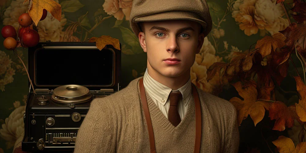 Image: A young man in early 1900s clothing. He's wearing a cap and standing in a room with floral wallpaper and an old record player. Image: A young man in early 1900s clothing. He's wearing a cap and standing in a room with floral wallpaper and an old record player.