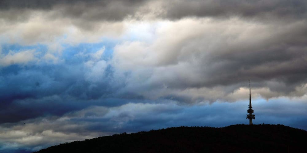 Image: Black Mountain Tower and a stormy sky. Image: Black Mountain Tower and a stormy sky.