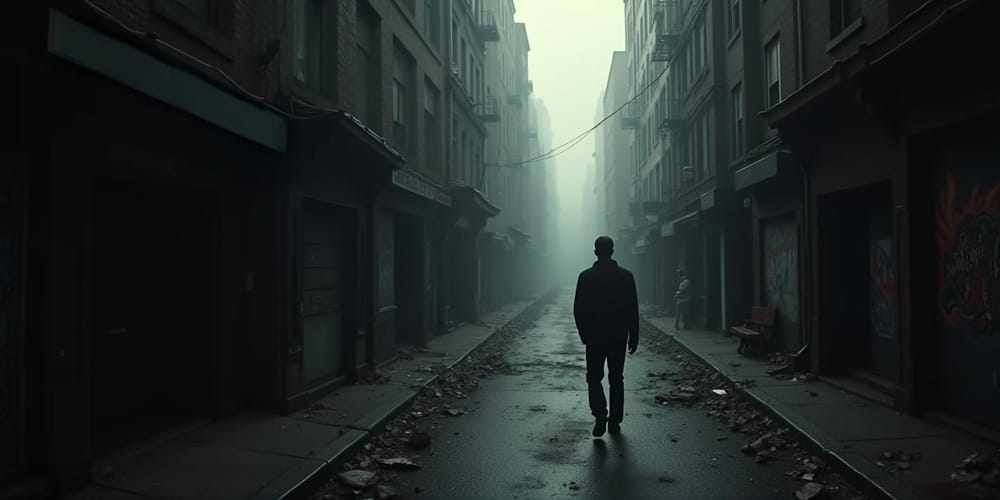 Image: A man walks down a dreary city street. Image: A man walks down a dreary city street.