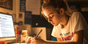 A student writing in her bedroom