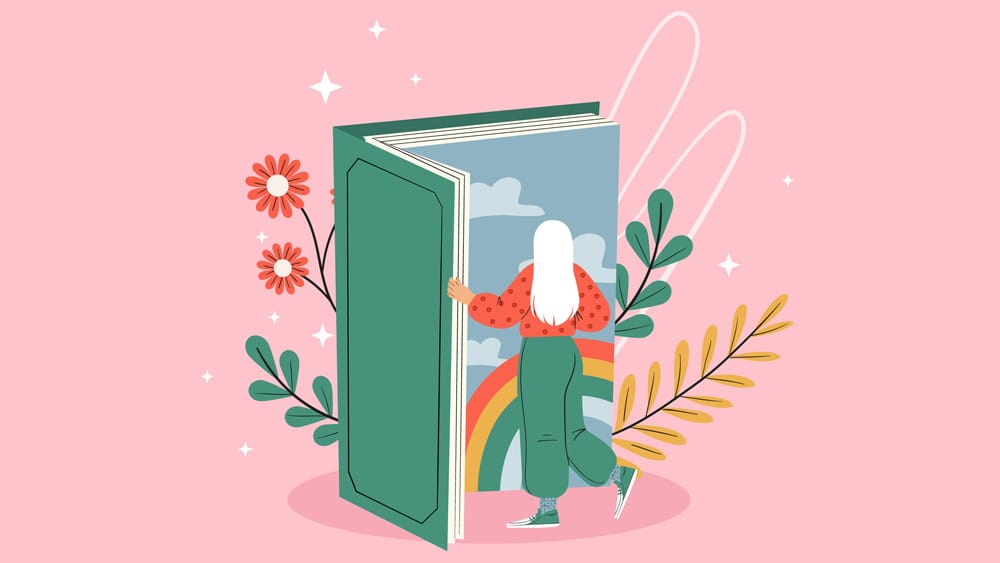 Image - A person exploring stories in a whimsical book illustration. LitLinks 2025 Entries Are Closed