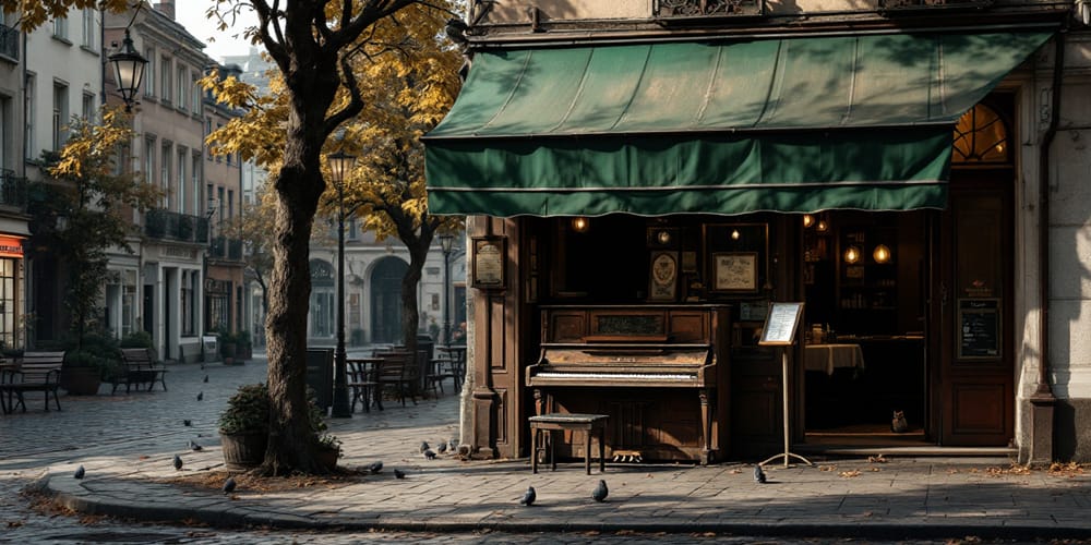 Image: An old city square. Under a sagging green awning in front of a cafe, an old piano that has weathered over years sits, waiting to be played. This image was created using AI Tools. Image: An old city square. Under a sagging green awning in front of a cafe, an old piano that has weathered over years sits, waiting to be played. This image was created using AI Tools.