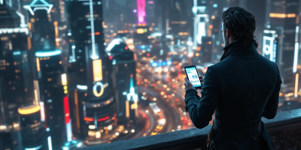 Image: A dark male figure, wearing 18th century clothing. He looks down upon a futuristic city, with glowing lights, traffic and huge buildings. He's holding a mobile phone that glows with social media on the screen. This image was created using AI Tools. Image: A dark male figure, wearing 18th century clothing. He looks down upon a futuristic city, with glowing lights, traffic and huge buildings. He's holding a mobile phone that glows with social media on the screen. This image was created using AI Tools.