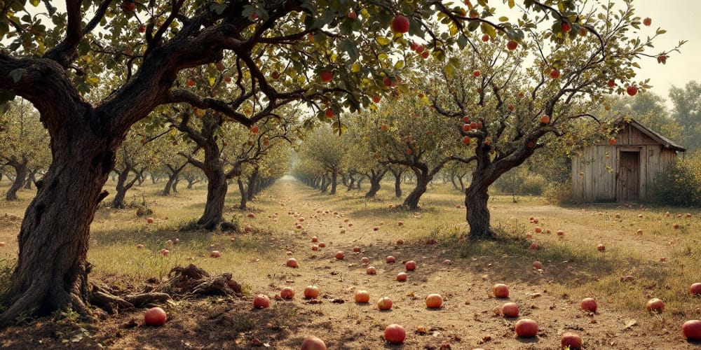 Image:  A small, old apple orchard. A ramshackle shed can be seen amongst the trees. Apples have fallen and lay bruised on the ground. This image was created using AI Tools.