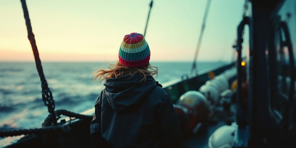 Image: A young woman on the deck of a deep sea trawler boat. She wears a colourful beanie and a dark, waterproof jacket. This image was created using AI Tools.