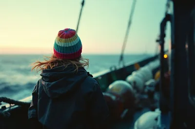 Read: Go Fish by Olive King, Canberra High School Image: A young woman on the deck of a deep sea trawler boat. She wears a colourful beanie and a dark, waterproof jacket. This image was created using AI Tools.