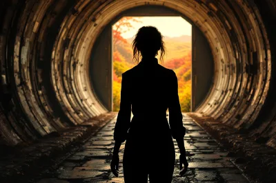 Read Into the Light by Emily Jones, Blue Gum Community School Image: A silhouette of a woman stands in a dystopian tunnel. At the end of the tunnel, there is a large door that opens to a vibrant, wild landscape. This image was created using AI Tools.