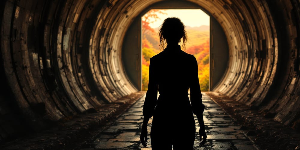 Image: A silhouette of a woman stands in a dystopian tunnel. At the end of the tunnel, there is a large door that opens to a vibrant, wild landscape. This image was created using AI Tools.