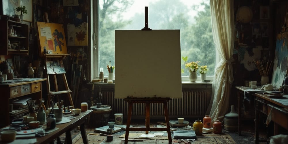 Image: A painter's studio. A blank canvas stands on an easel in front of a large window. It's raining outside. This image was created using AI Tools.