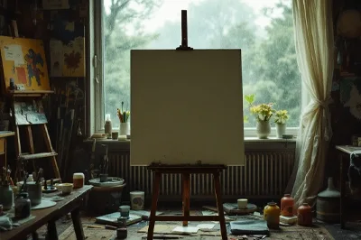 Image: A painter's studio. A blank canvas stands on an easel in front of a large window. It's raining outside. This image was created using AI Tools. Image: A painter's studio. A blank canvas stands on an easel in front of a large window. It's raining outside. This image was created using AI Tools.