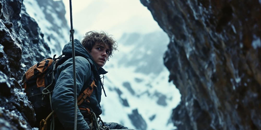 Image: A teenage mountain climber, trapped on a rock ledge in the midst of a stor. This image was created using AI Tools. Image: A teenage mountain climber, trapped on a rock ledge in the midst of a stor. This image was created using AI Tools.