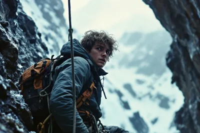 Read: Rock and Ice by Henry Rahman, Lyneham High School Image: A teenage mountain climber, trapped on a rock ledge in the midst of a stor. This image was created using AI Tools.