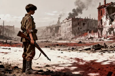Read: No Right Only Wrong by Katelyn Olakkengil, Lyneham High School Image: An illustration of a 13-year-old soldier from world war II. He is standing on a barren battlefield, with a devastated city in the background. This image was generated using AI Tools.
