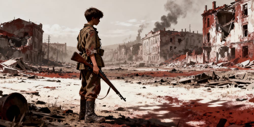 Image:  An illustration of a 13-year-old soldier from world war II. He is standing on a barren battlefield, with a devastated city in the background. This image was generated using AI Tools. 