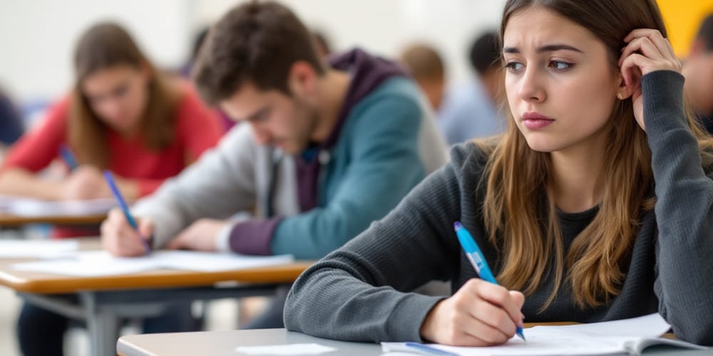 Image: A teenage student in a classroom, taking an exam. She looks very stressed. This image was edited using AI Tools. Image: A teenage student in a classroom, taking an exam. She looks very stressed. This image was edited using AI Tools.