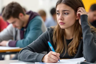 Read: Test Conditions by Chloe Duff, St Clare’s College Image: A teenage student in a classroom, taking an exam. She looks very stressed. This image was edited using AI Tools.