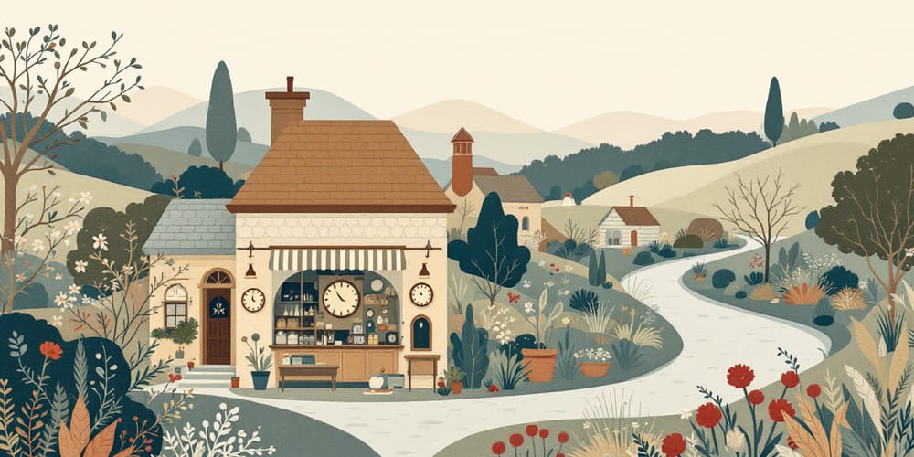 Image: The clockmaker's shop in a tiny village, surrounded by rolling hills. Image: The clockmaker's shop in a tiny village, surrounded by rolling hills.