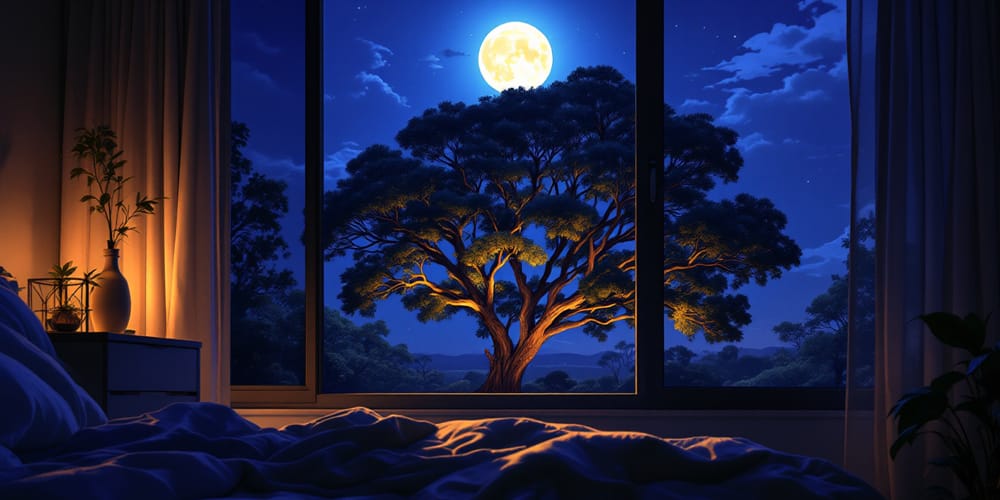 Image: A redgum tree seen in the moonlight, from a bedroom window. This image was generated using AI Tools.