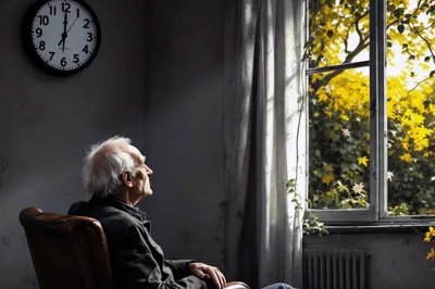 Read: One Last Time by Abi Wykes The profile view of a thin, old man sitting in a battered leather chair, in a grey and bleak room. On the wall is a clock set to midnight. The old man looks out a window to contrasting scene of a sunny garden, with ivy and jasmine plants, lush and a little wild. This image was edited using AI Tools.