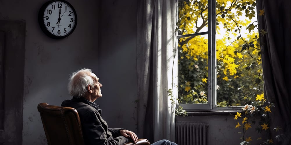 The profile view of a thin, old man sitting in a battered leather chair, in a grey and bleak room. On the wall is a clock set to midnight. The old man looks out a window to contrasting scene of a sunny garden, with ivy and jasmine plants, lush and a little wild. This image was edited using AI Tools. The profile view of a thin, old man sitting in a battered leather chair, in a grey and bleak room. On the wall is a clock set to midnight. The old man looks out a window to contrasting scene of a sunny garden, with ivy and jasmine plants, lush and a little wild. This image was edited using AI Tools.
