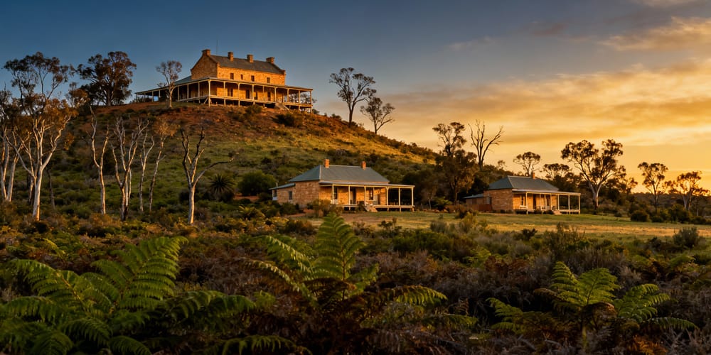 Image: A homestead on the hill, with smaller cottages below in the Australian bush. It's sunset. There are gum trees and ferns. This image was created using AI Tools.