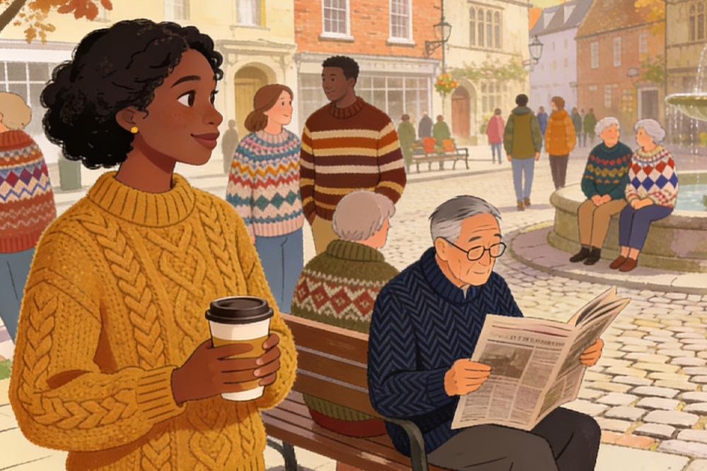 A girl standing in the town square with other people, she's wearing a yellow sweater and holding a cup of coffee. Image created using AI Image Editing Tools.
